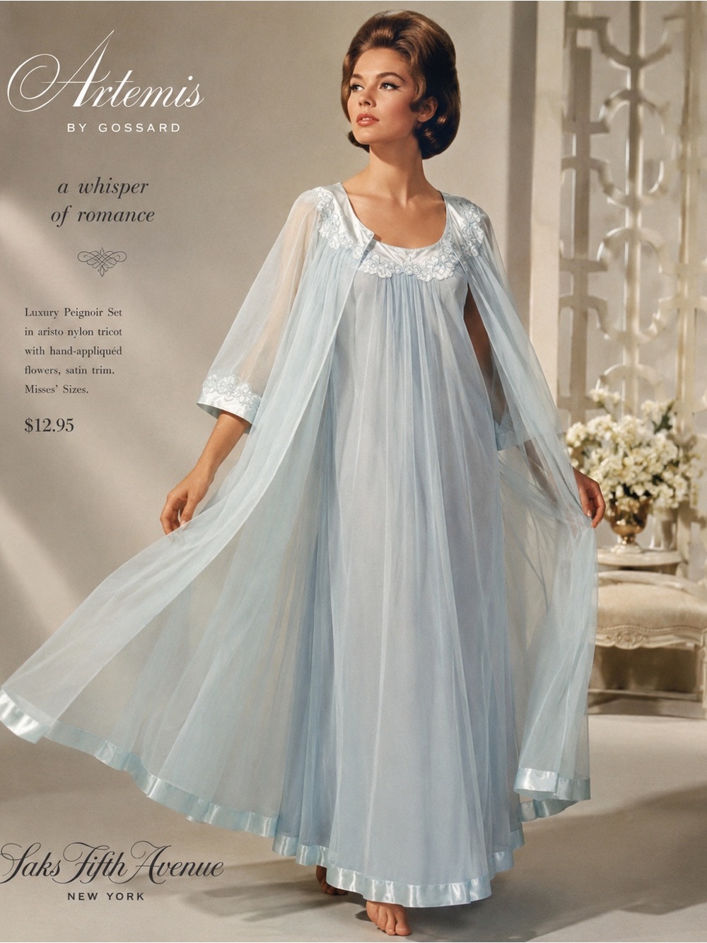 VTG 1960s GOSSARD ARTEMIS Baby Blue Chiffon Peignoir Nightgown and Robe Set Sz M